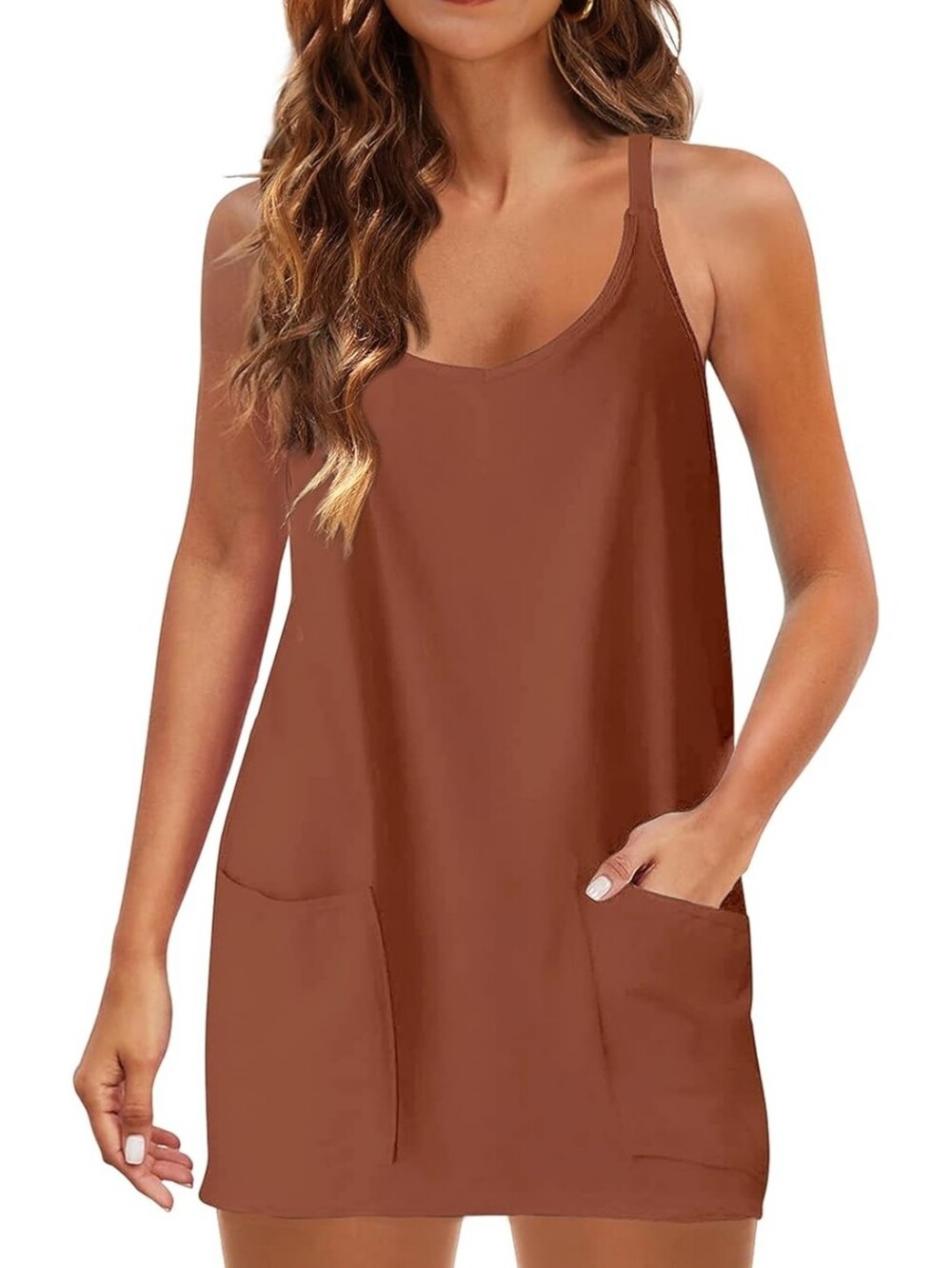 Sleeveless V-Neck Pocket Tank Romper in Rust